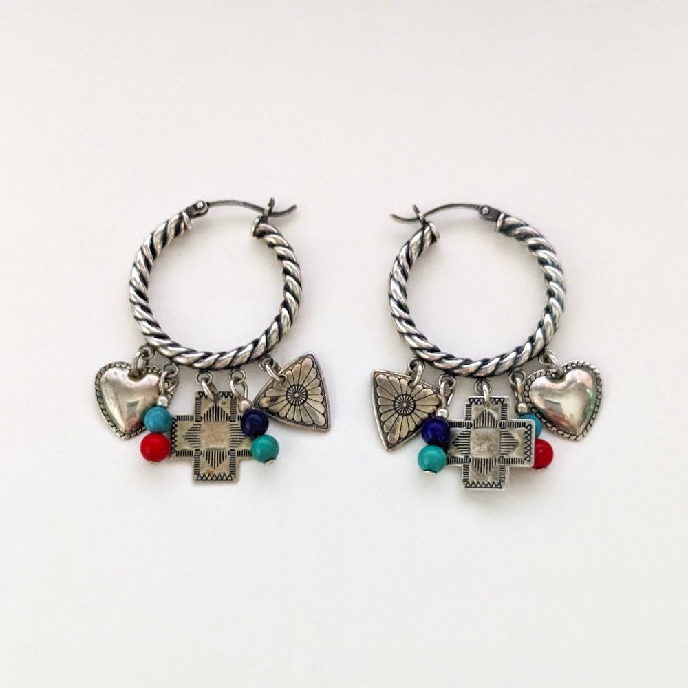 Vintage Native Q.T. Quoc 925 Sterling Silver Dangle Charm Hoop Pierced Earrings
